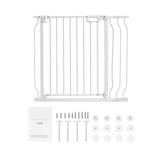 Baby Gate, 749-990 mm Extra Wide, 762 mm High, Dog Gate for Stairs Doorways and House, Easy Step Walk Thru Auto Close Child Gate Pet Security Gate with Pressure Mount Kit & Wall Mount Kit, White