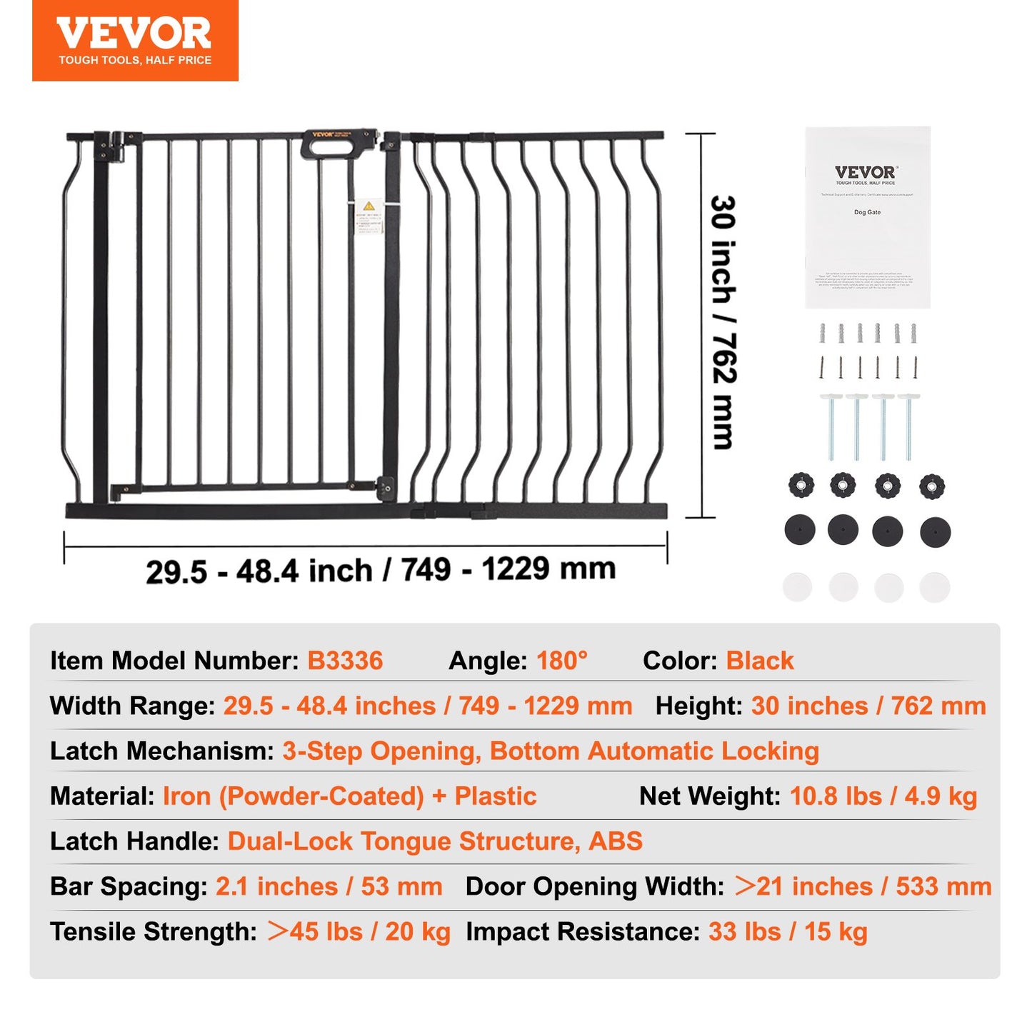 Baby Gate, 749-1229 mm Extra Wide, 762 mm High, Dog Gate for Stairs Doorways and House, Easy Step Walk Thru Auto Close Child Gate Pet Security Gate with Pressure Mount and Wall Mount Kit, Black - Image 7