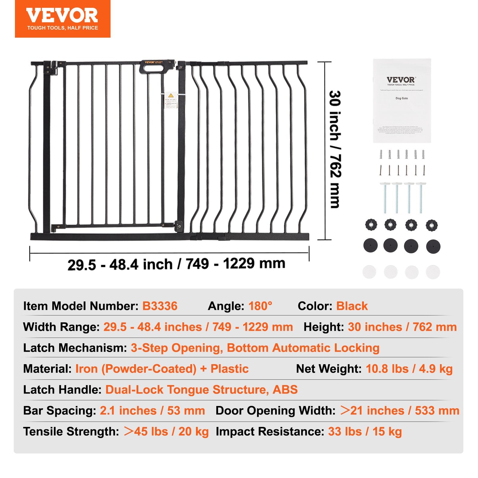 Baby Gate, 749-1229 mm Extra Wide, 762 mm High, Dog Gate for Stairs Doorways and House, Easy Step Walk Thru Auto Close Child Gate Pet Security Gate with Pressure Mount and Wall Mount Kit, Black - Image 7