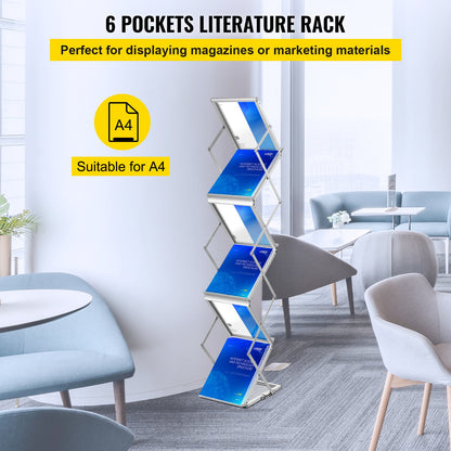 Literature Rack, 6 Pockets, Pop up Aluminum Magazine Rack, Lightweight Catalog Holder Stand w/Carrying Bag for Living Room, Hotel, Trade Show, Exhibition, Office - Image 2
