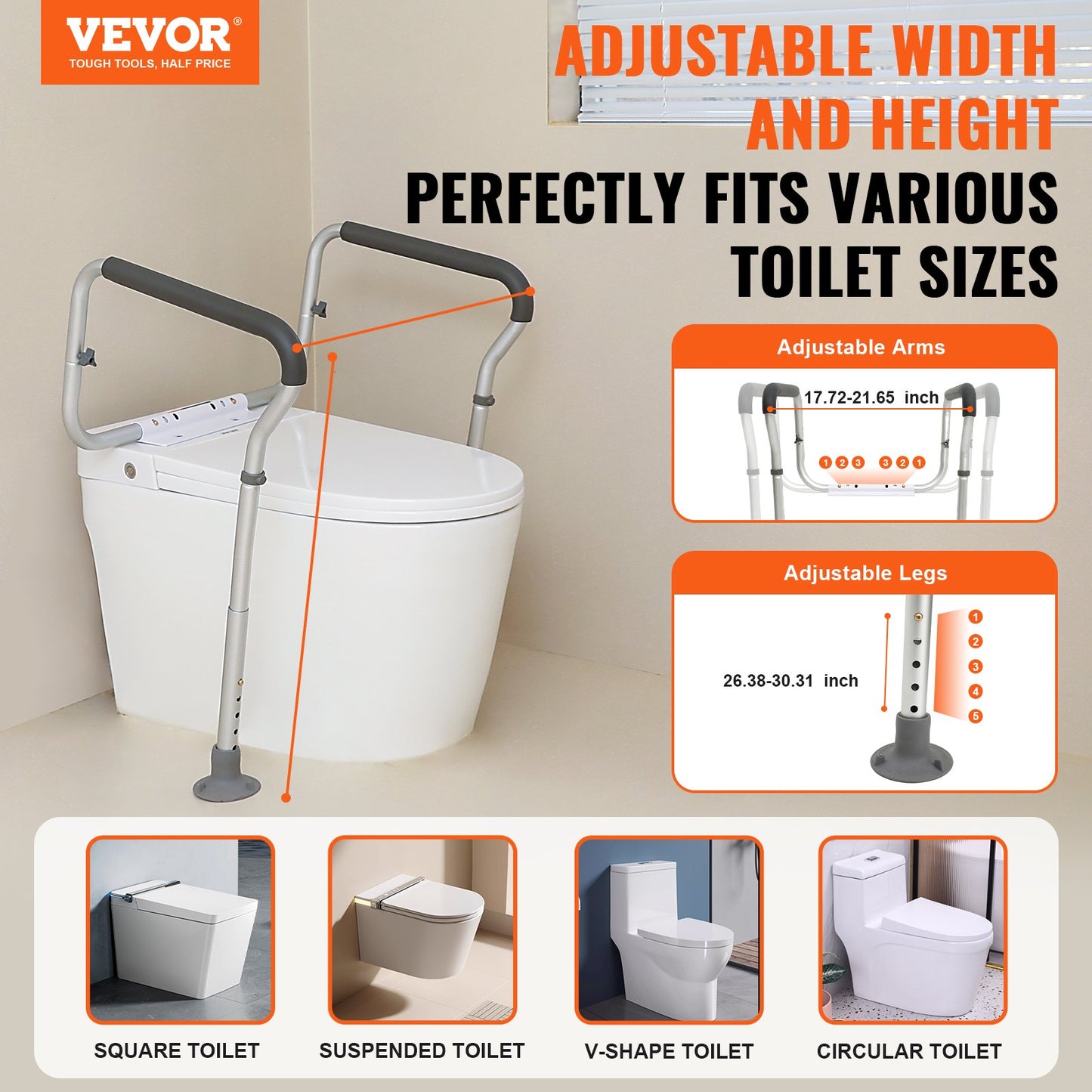 Toilet Safety Rail, Bathroom Toilet Seat Frame, Adjustable Width & Height Fit Most Toilets, Supports 136 kg, Toilet Handles Grab Bars with Padded Armrests for Handicap, Disabled, Seniors - Image 2
