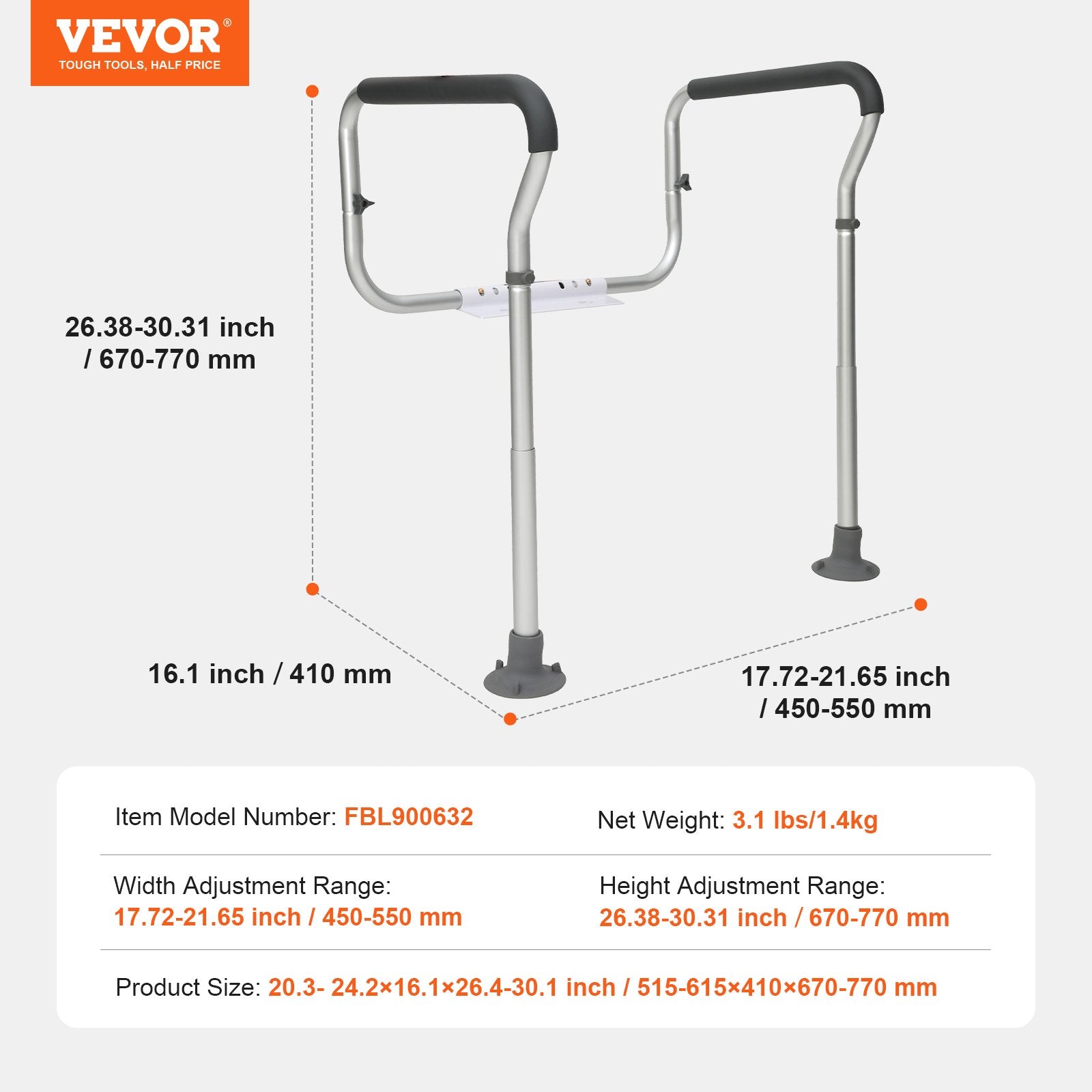 Toilet Safety Rail, Bathroom Toilet Seat Frame, Adjustable Width & Height Fit Most Toilets, Supports 136 kg, Toilet Handles Grab Bars with Padded Armrests for Handicap, Disabled, Seniors - Image 7