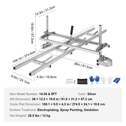 Chainsaw Mill 14"-36" Guide Bar and 9 ft Aluminum Rail Mill Guide System - Image 7