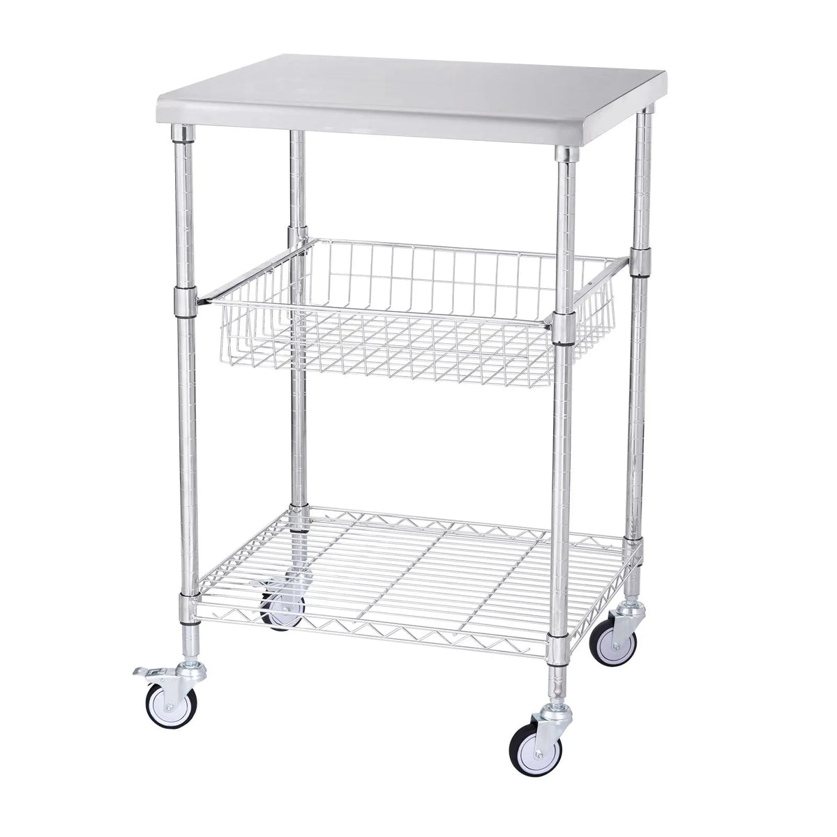 Kitchen Utility Cart, 3 Tiers, Wire Rolling Cart with 213kg Capacity, Steel Service Cart on Wheels, Metal Storage Trolley with 76mm Basket Curved Handle PP Liner 6 Hooks, for Indoor and Outdoor