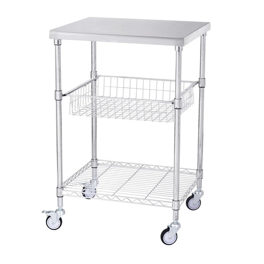 Kitchen Utility Cart, 3 Tiers, Wire Rolling Cart with 213kg Capacity, Steel Service Cart on Wheels, Metal Storage Trolley with 76mm Basket Curved Handle PP Liner 6 Hooks, for Indoor and Outdoor