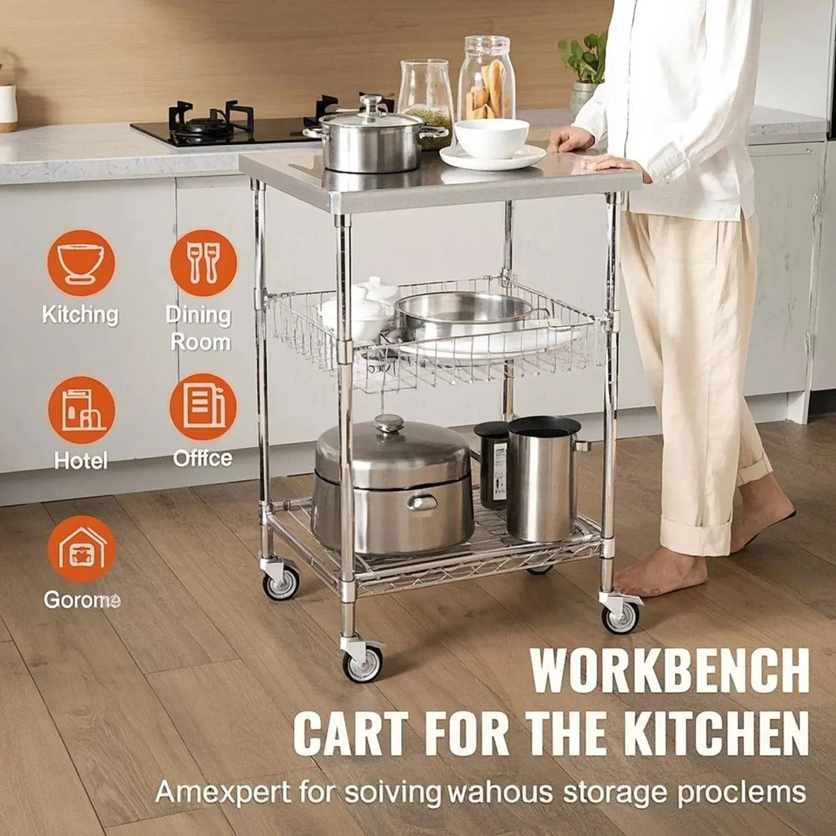 Kitchen Utility Cart, 3 Tiers, Wire Rolling Cart with 213kg Capacity, Steel Service Cart on Wheels, Metal Storage Trolley with 76mm Basket Curved Handle PP Liner 6 Hooks, for Indoor and Outdoor - Image 2
