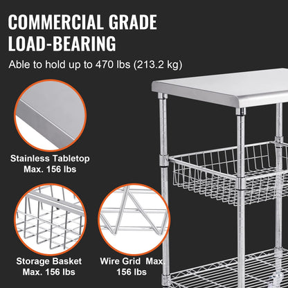 Kitchen Utility Cart, 3 Tiers, Wire Rolling Cart with 213kg Capacity, Steel Service Cart on Wheels, Metal Storage Trolley with 76mm Basket Curved Handle PP Liner 6 Hooks, for Indoor and Outdoor - Image 3