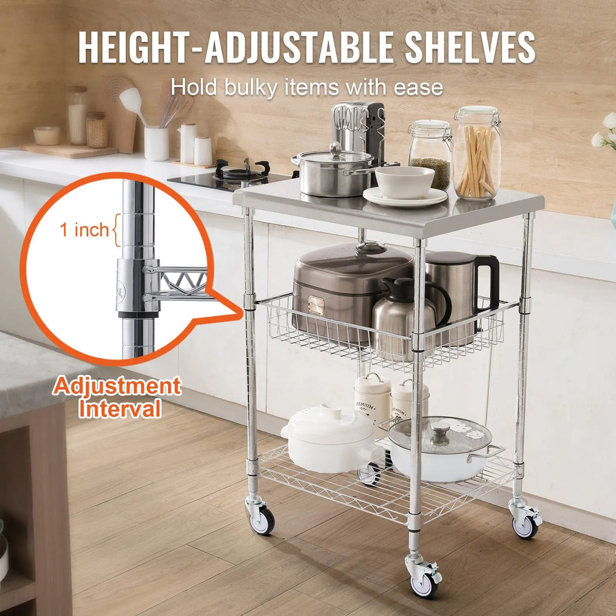Kitchen Utility Cart, 3 Tiers, Wire Rolling Cart with 213kg Capacity, Steel Service Cart on Wheels, Metal Storage Trolley with 76mm Basket Curved Handle PP Liner 6 Hooks, for Indoor and Outdoor - Image 4