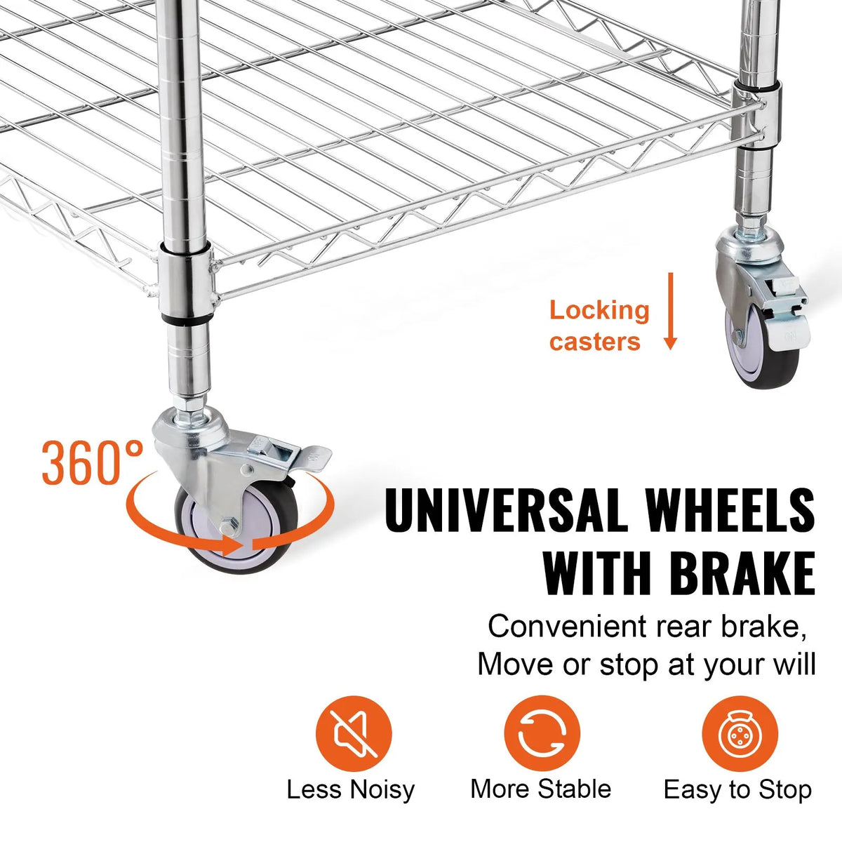 Kitchen Utility Cart, 3 Tiers, Wire Rolling Cart with 213kg Capacity, Steel Service Cart on Wheels, Metal Storage Trolley with 76mm Basket Curved Handle PP Liner 6 Hooks, for Indoor and Outdoor - Image 5