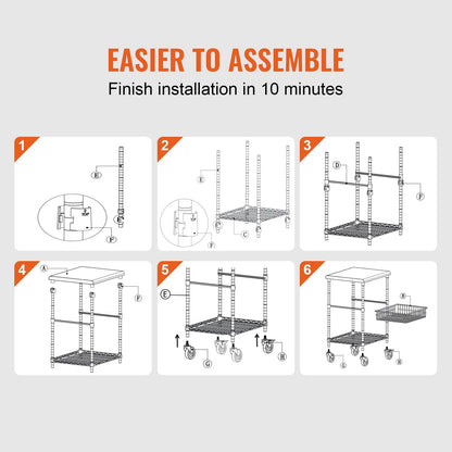 Kitchen Utility Cart, 3 Tiers, Wire Rolling Cart with 213kg Capacity, Steel Service Cart on Wheels, Metal Storage Trolley with 76mm Basket Curved Handle PP Liner 6 Hooks, for Indoor and Outdoor - Image 6