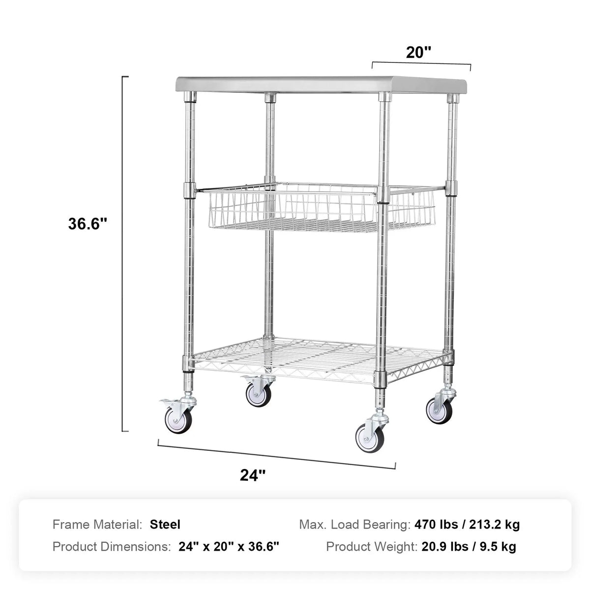 Kitchen Utility Cart, 3 Tiers, Wire Rolling Cart with 213kg Capacity, Steel Service Cart on Wheels, Metal Storage Trolley with 76mm Basket Curved Handle PP Liner 6 Hooks, for Indoor and Outdoor - Image 7