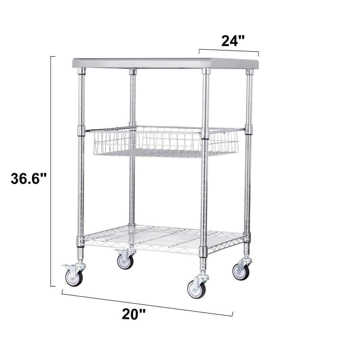 Kitchen Utility Cart, 3 Tiers, Wire Rolling Cart with 213kg Capacity, Steel Service Cart on Wheels, Metal Storage Trolley with 76mm Basket Curved Handle PP Liner 6 Hooks, for Indoor and Outdoor - Image 8