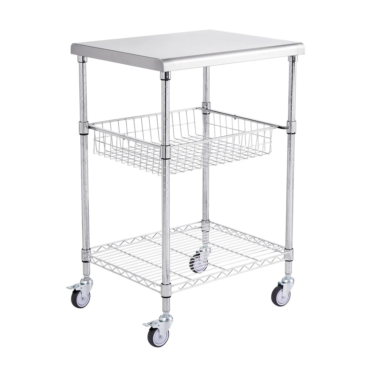 Kitchen Utility Cart, 3 Tiers, Wire Rolling Cart with 213kg Capacity, Steel Service Cart on Wheels, Metal Storage Trolley with 76mm Basket Curved Handle PP Liner 6 Hooks, for Indoor and Outdoor - Image 9