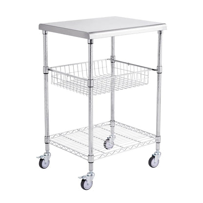 Kitchen Utility Cart, 3 Tiers, Wire Rolling Cart with 213kg Capacity, Steel Service Cart on Wheels, Metal Storage Trolley with 76mm Basket Curved Handle PP Liner 6 Hooks, for Indoor and Outdoor - Image 9