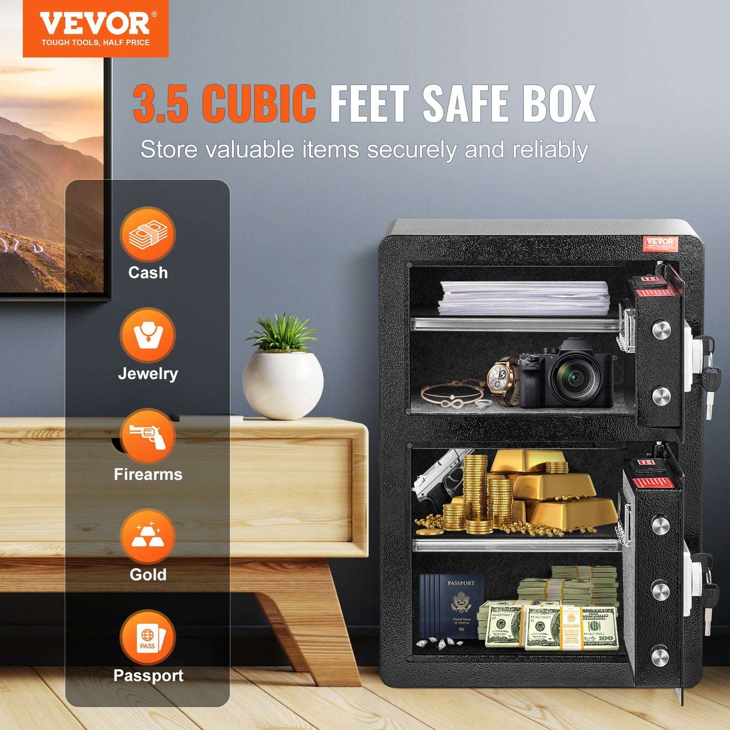 Double Door 3.5 cu.ft Safe Box with Key Lock Password Fireproof Bag Black - Image 2