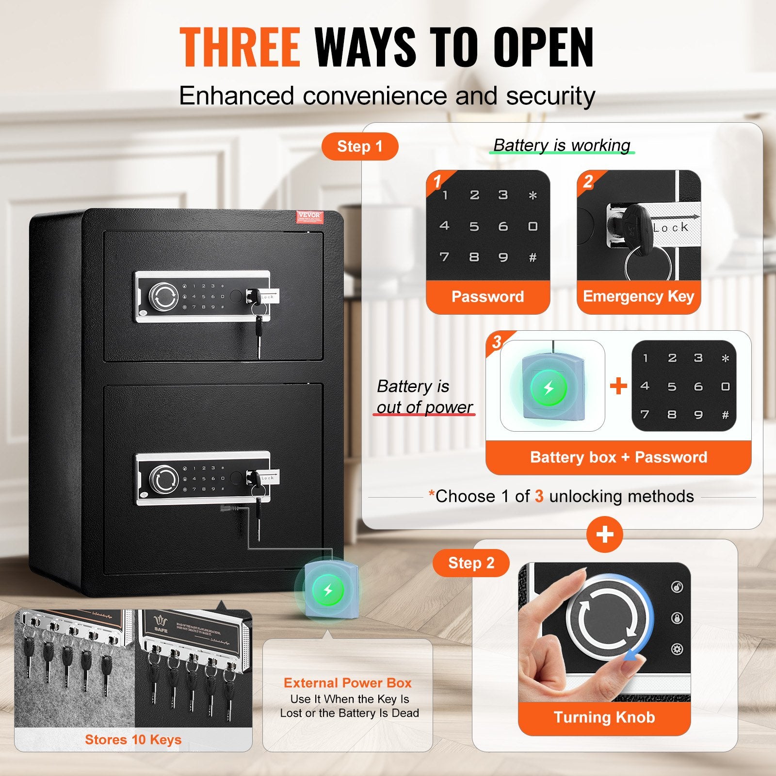 Double Door 3.5 cu.ft Safe Box with Key Lock Password Fireproof Bag Black - Image 3