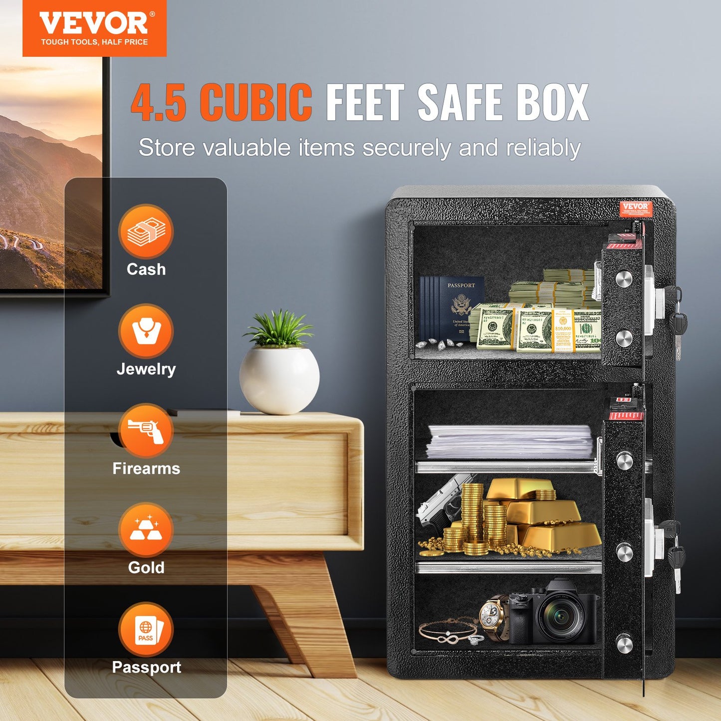 Double Doors 4.5 cu.ft Safe Box with Key Lock & Password, Safe Lock Box with Fireproof Bag, Key Rack, LED Light and 2 Height Adjustable and Removable Divider for Money, Documents, Jewelry and Valuables, Black - Image 2