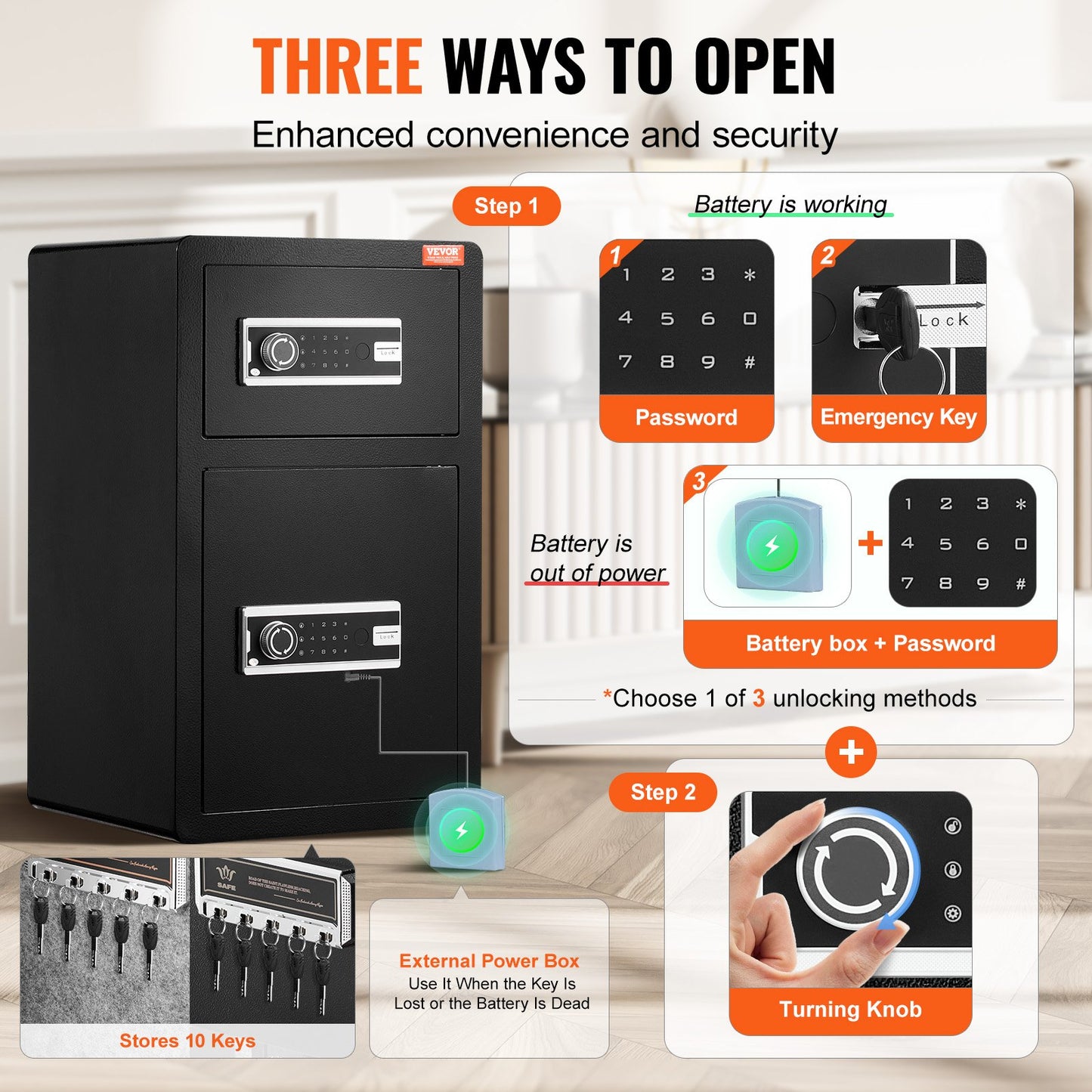 Double Doors 4.5 cu.ft Safe Box with Key Lock & Password, Safe Lock Box with Fireproof Bag, Key Rack, LED Light and 2 Height Adjustable and Removable Divider for Money, Documents, Jewelry and Valuables, Black - Image 3