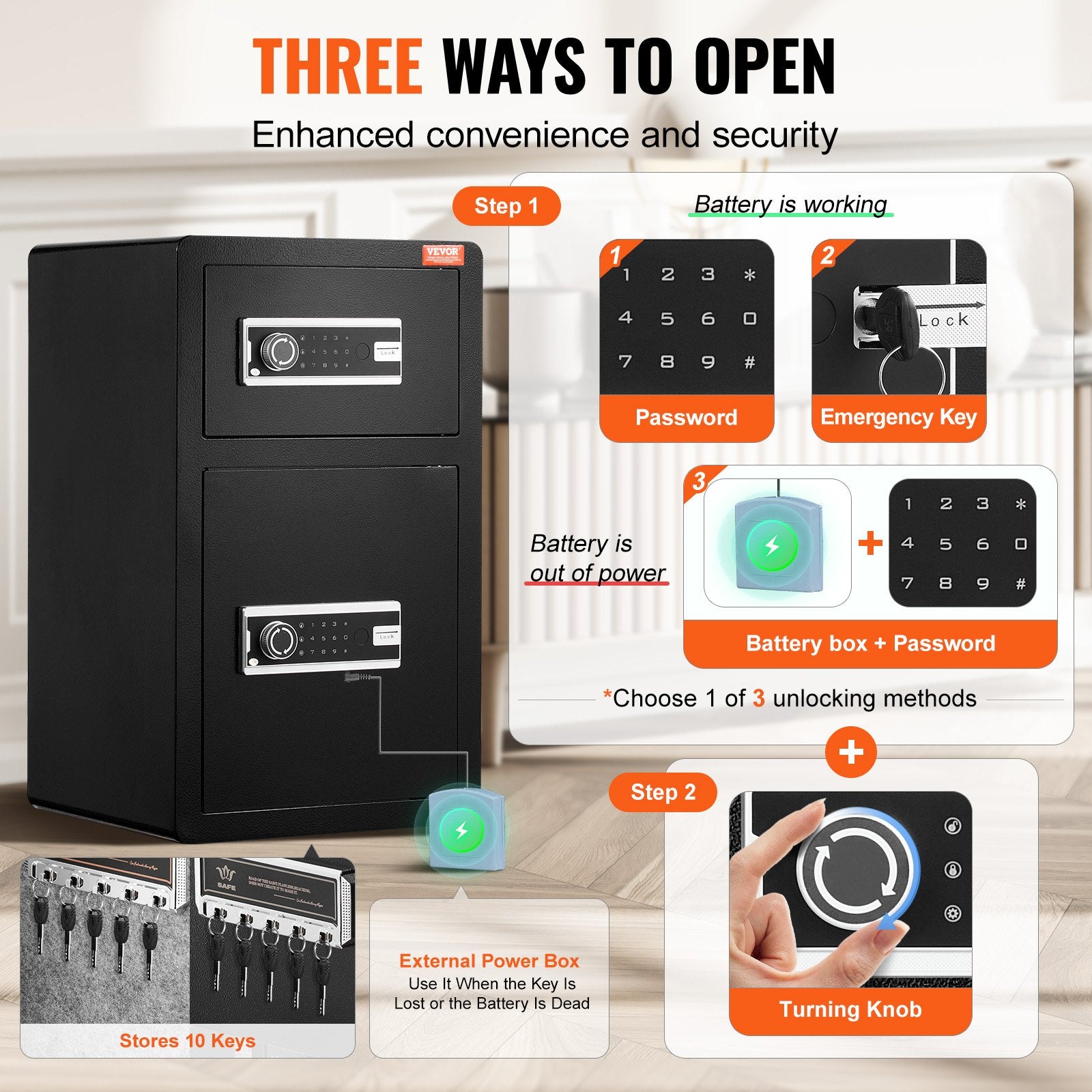 Double Doors 4.5 cu.ft Safe Box with Key Lock & Password, Safe Lock Box with Fireproof Bag, Key Rack, LED Light and 2 Height Adjustable and Removable Divider for Money, Documents, Jewelry and Valuables, Black - Image 3
