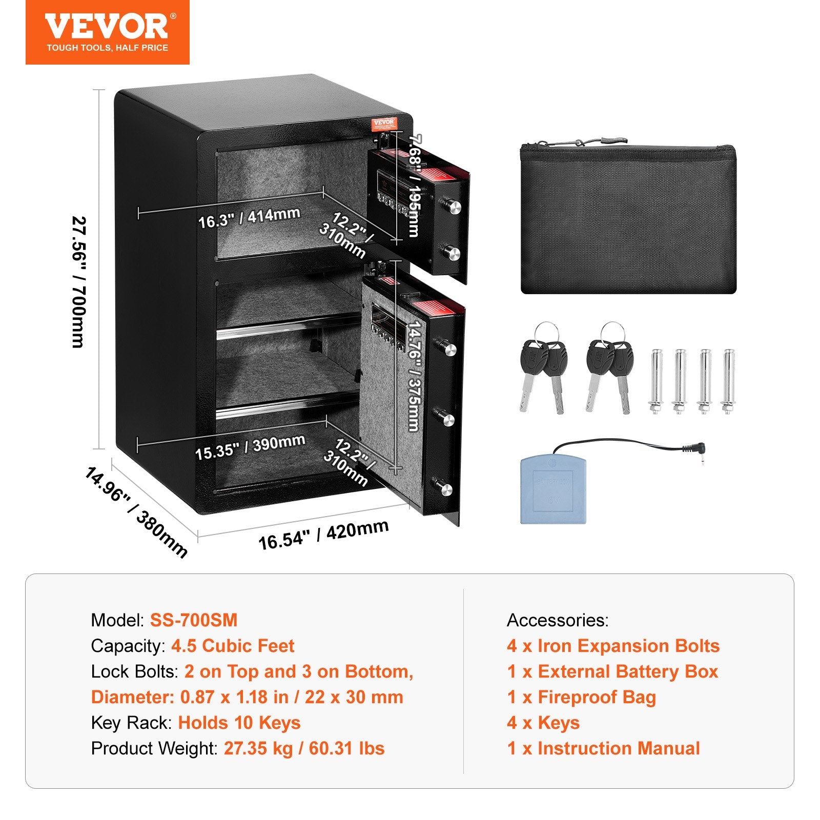Double Doors 4.5 cu.ft Safe Box with Key Lock & Password, Safe Lock Box with Fireproof Bag, Key Rack, LED Light and 2 Height Adjustable and Removable Divider for Money, Documents, Jewelry and Valuables, Black - Image 7