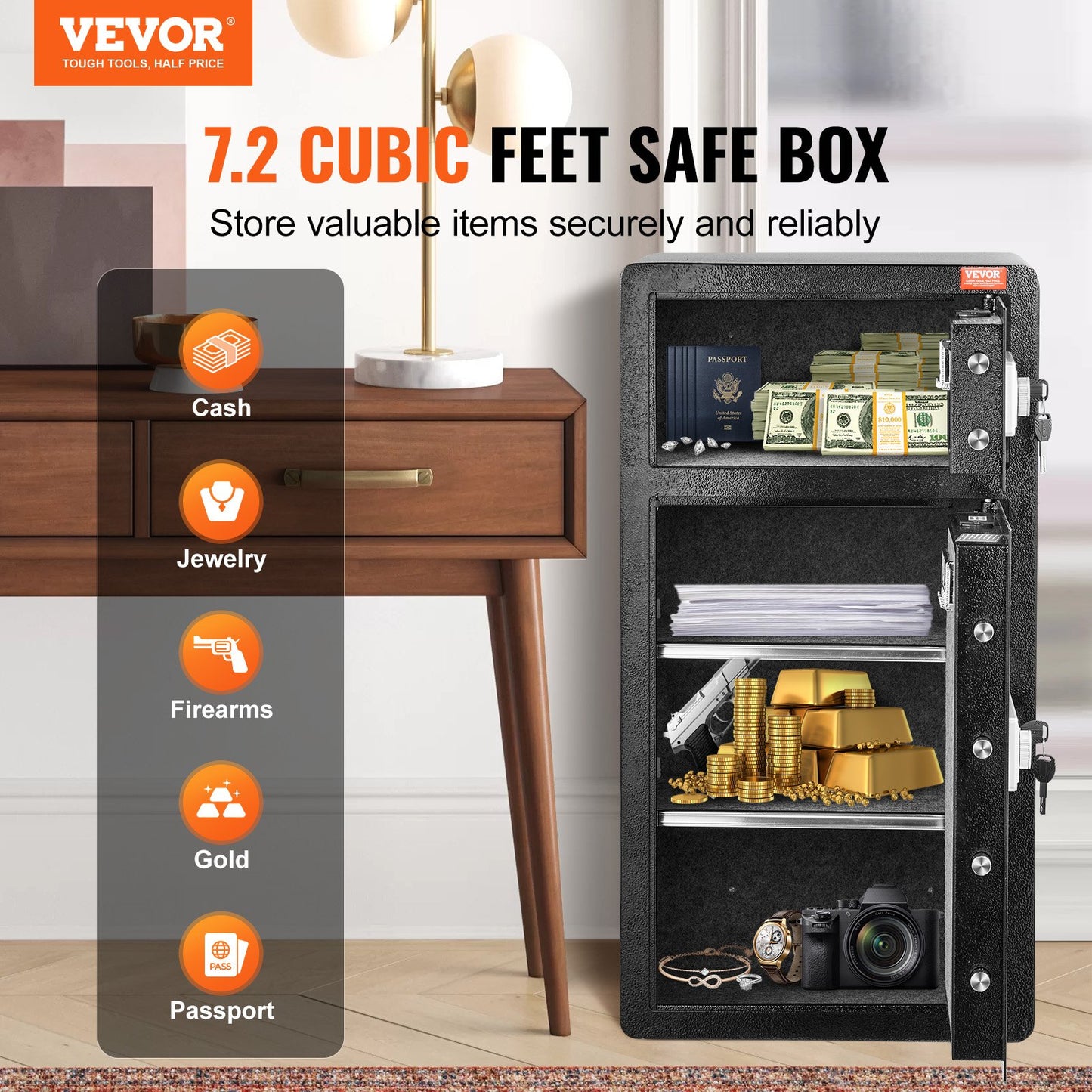 Double Doors 7.2 cu.ft Safe Box with Key Lock & Password, Safe Lock Box with Fireproof Bag, Key Rack, LED Light and 2 Height Adjustable and Removable Divider for Money, Documents, Jewelry and Valuables, Black - Image 2