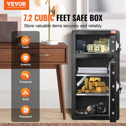 Double Doors 7.2 cu.ft Safe Box with Key Lock & Password, Safe Lock Box with Fireproof Bag, Key Rack, LED Light and 2 Height Adjustable and Removable Divider for Money, Documents, Jewelry and Valuables, Black - Image 2