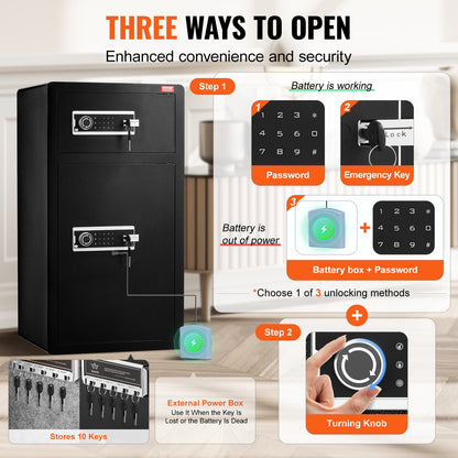 Double Doors 7.2 cu.ft Safe Box with Key Lock & Password, Safe Lock Box with Fireproof Bag, Key Rack, LED Light and 2 Height Adjustable and Removable Divider for Money, Documents, Jewelry and Valuables, Black - Image 3