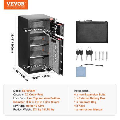 Double Doors 7.2 cu.ft Safe Box with Key Lock & Password, Safe Lock Box with Fireproof Bag, Key Rack, LED Light and 2 Height Adjustable and Removable Divider for Money, Documents, Jewelry and Valuables, Black - Image 7