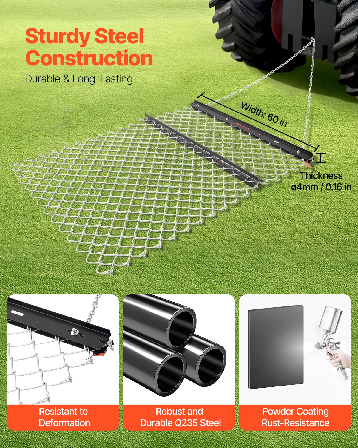 Drag Harrow 4 x 5 ft Chain Harrow Lawn Rake ATV UTV Tractor Attachments - Image 2