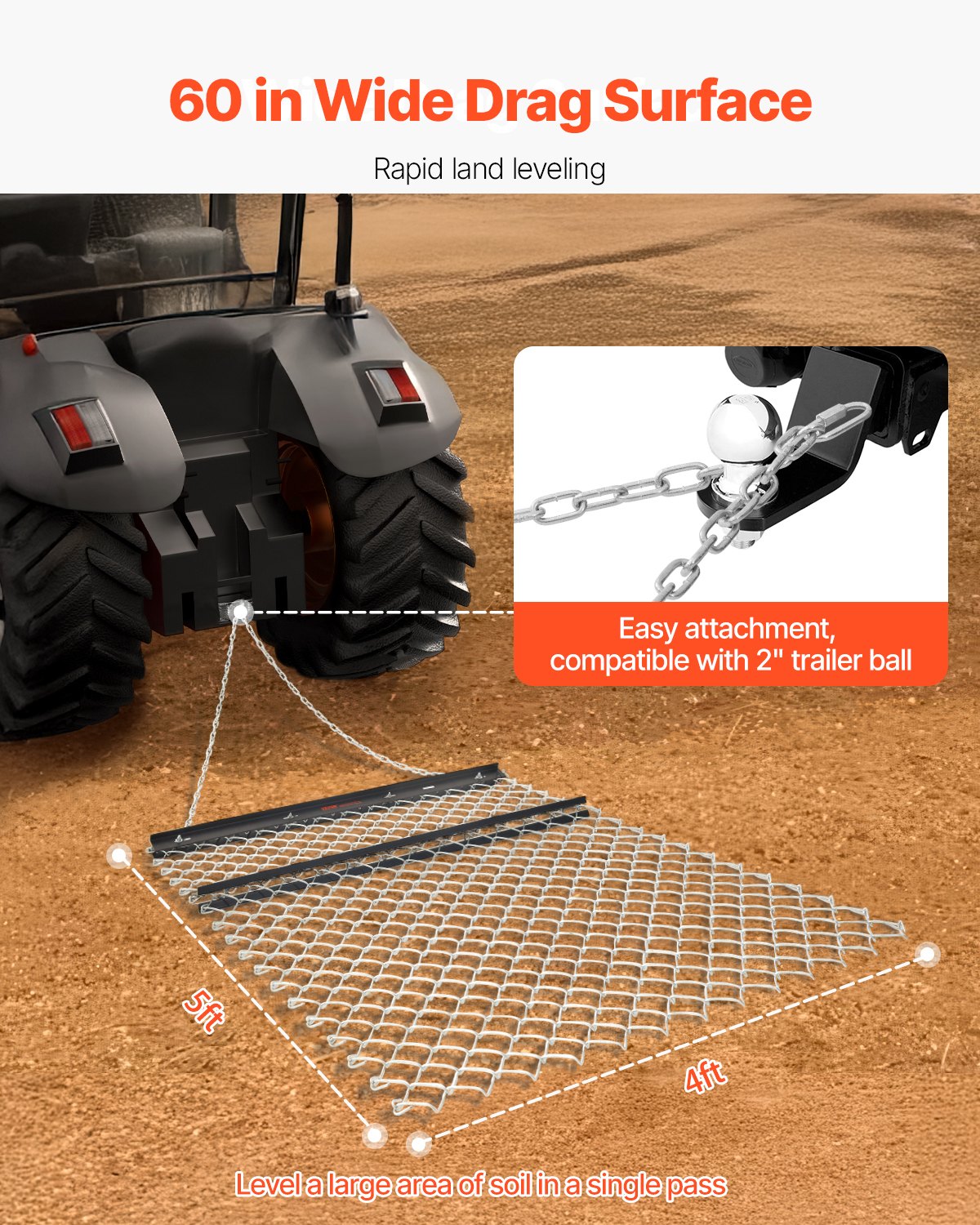 Drag Harrow 4 x 5 ft Chain Harrow Lawn Rake ATV UTV Tractor Attachments - Image 4