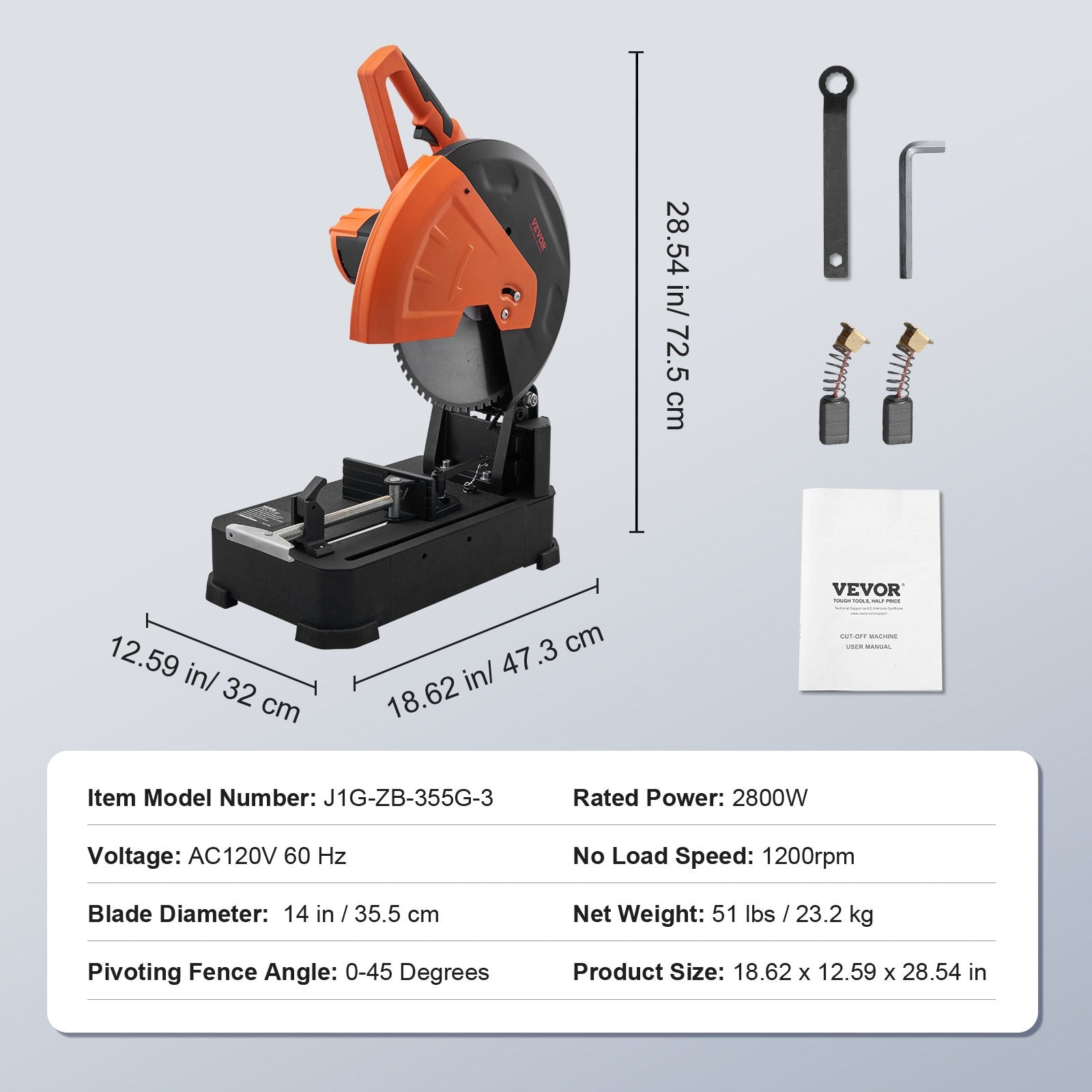 Chop Saw, 14"/355mm Blade Diameter Cut Off Saw, 2800W 1200RPM Steel Cutting Machine, Adjustable Dry Cut Chop Saw, Miter Saw for Cutting Metal Cold Cut Saw for Steel/Rebar/Iron/Aluminum - Image 7