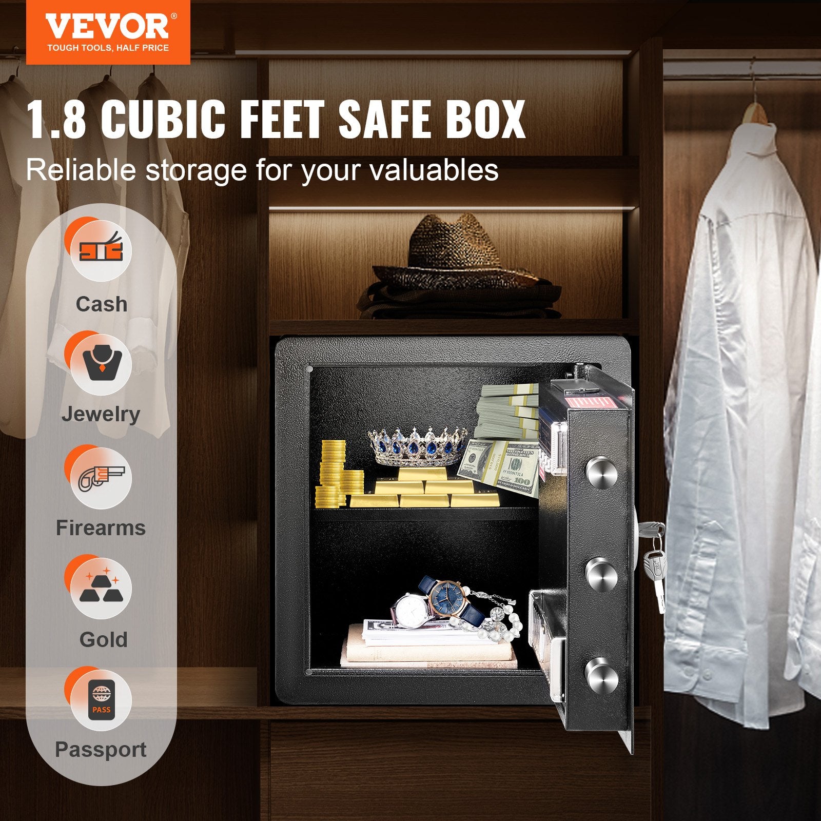 Safe 1.8 Cubic Feet Home Safe Steel for Cash Gold 15.75x13x16.9 inch - Image 2