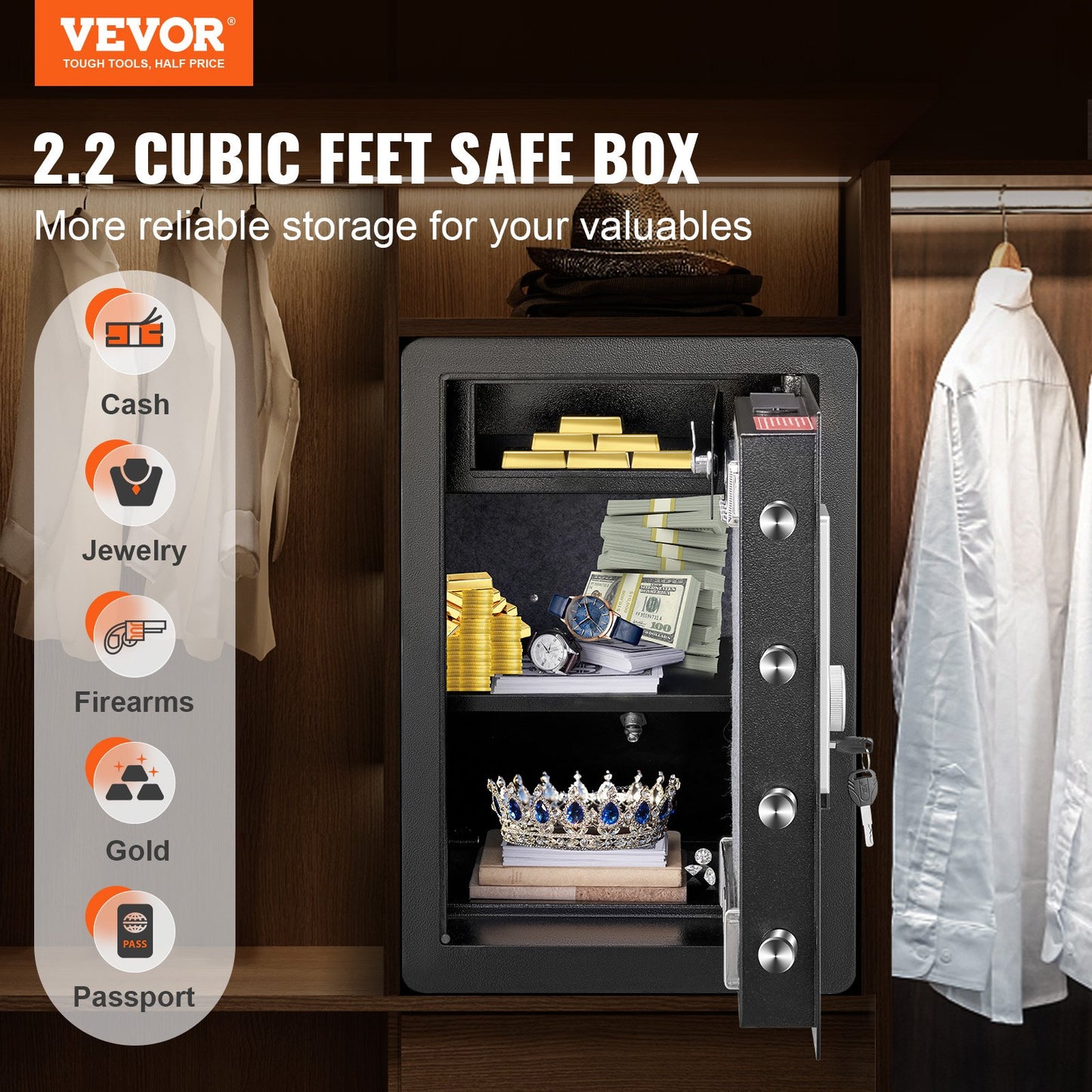 Safe 2.2 Cubic Feet Home Safe Steel for Cash Gold 15.75x13x23.6 inch - Image 2