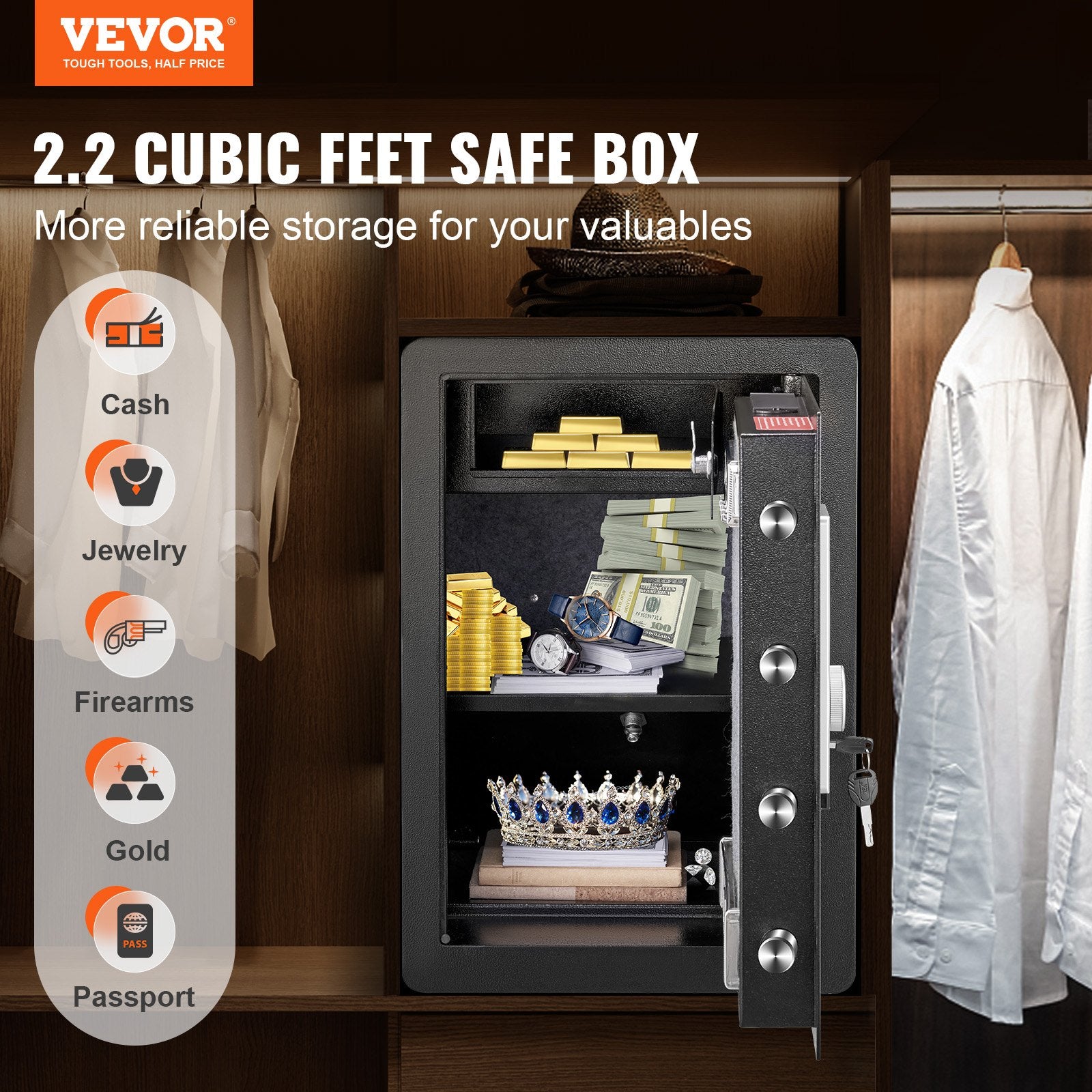 Safe 2.2 Cubic Feet Home Safe Steel for Cash Gold 15.75x13x23.6 inch - Image 2