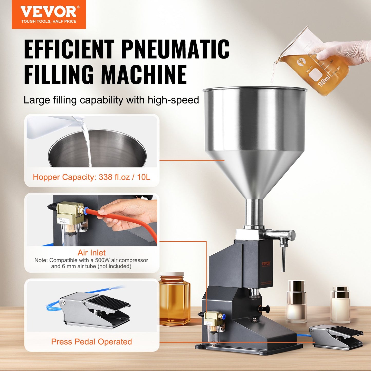 Pneumatic Paste Liquid Filling Machine, 5-50ml Bottle Filler, Bottle Filling Machine, Stainless Steel Liquid Filler with Pedal for Milk Water Juice Essential Oil Shampoo Cosmetic Honey Lotion - Image 2