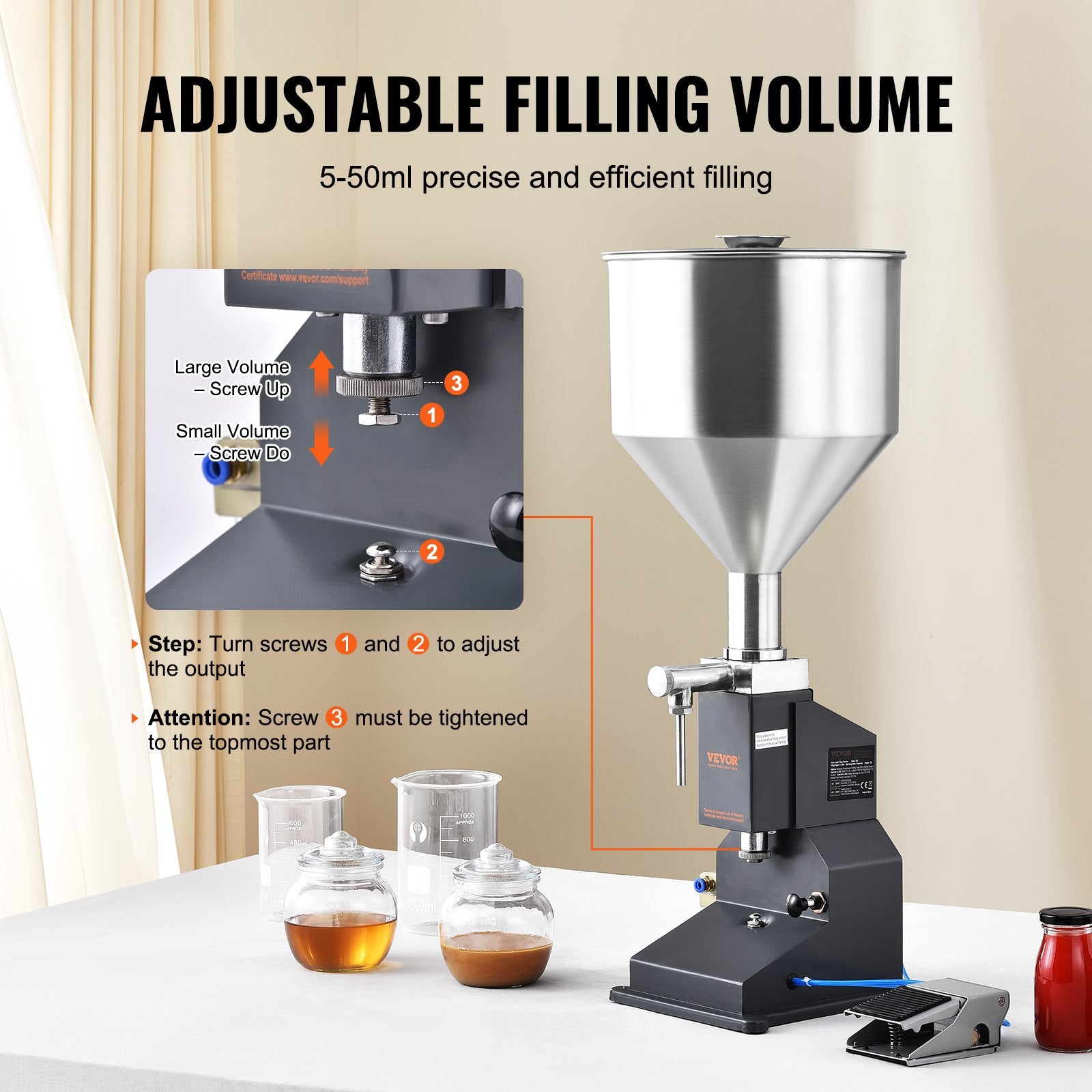 Pneumatic Paste Liquid Filling Machine, 5-50ml Bottle Filler, Bottle Filling Machine, Stainless Steel Liquid Filler with Pedal for Milk Water Juice Essential Oil Shampoo Cosmetic Honey Lotion - Image 3