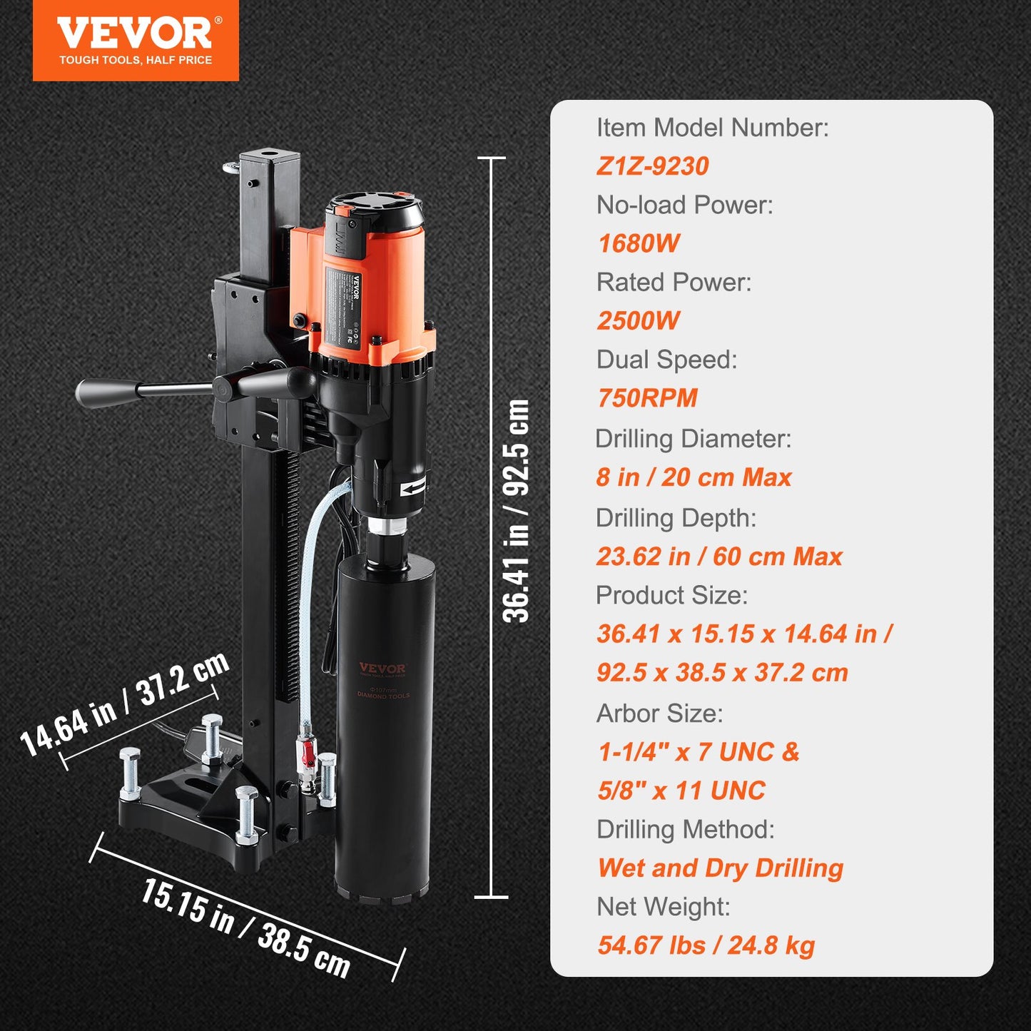 Diamond Core Drilling Machine, 8in Wet&Dry Concrete Core Drill Rig with Stand, 750RPM Speed & 1-1/4" 5/8" Thread & Lifting Handle, 8in Drilling Diameter for Concrete Brick Block Stone, 2500W - Image 7
