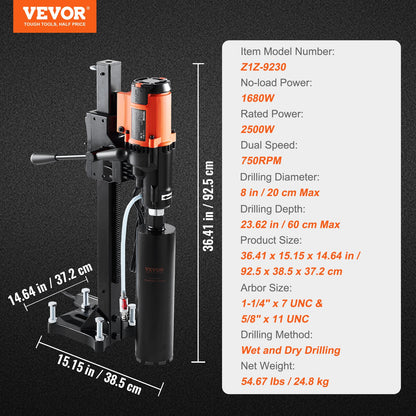 Diamond Core Drilling Machine, 8in Wet&Dry Concrete Core Drill Rig with Stand, 750RPM Speed & 1-1/4" 5/8" Thread & Lifting Handle, 8in Drilling Diameter for Concrete Brick Block Stone, 2500W - Image 7