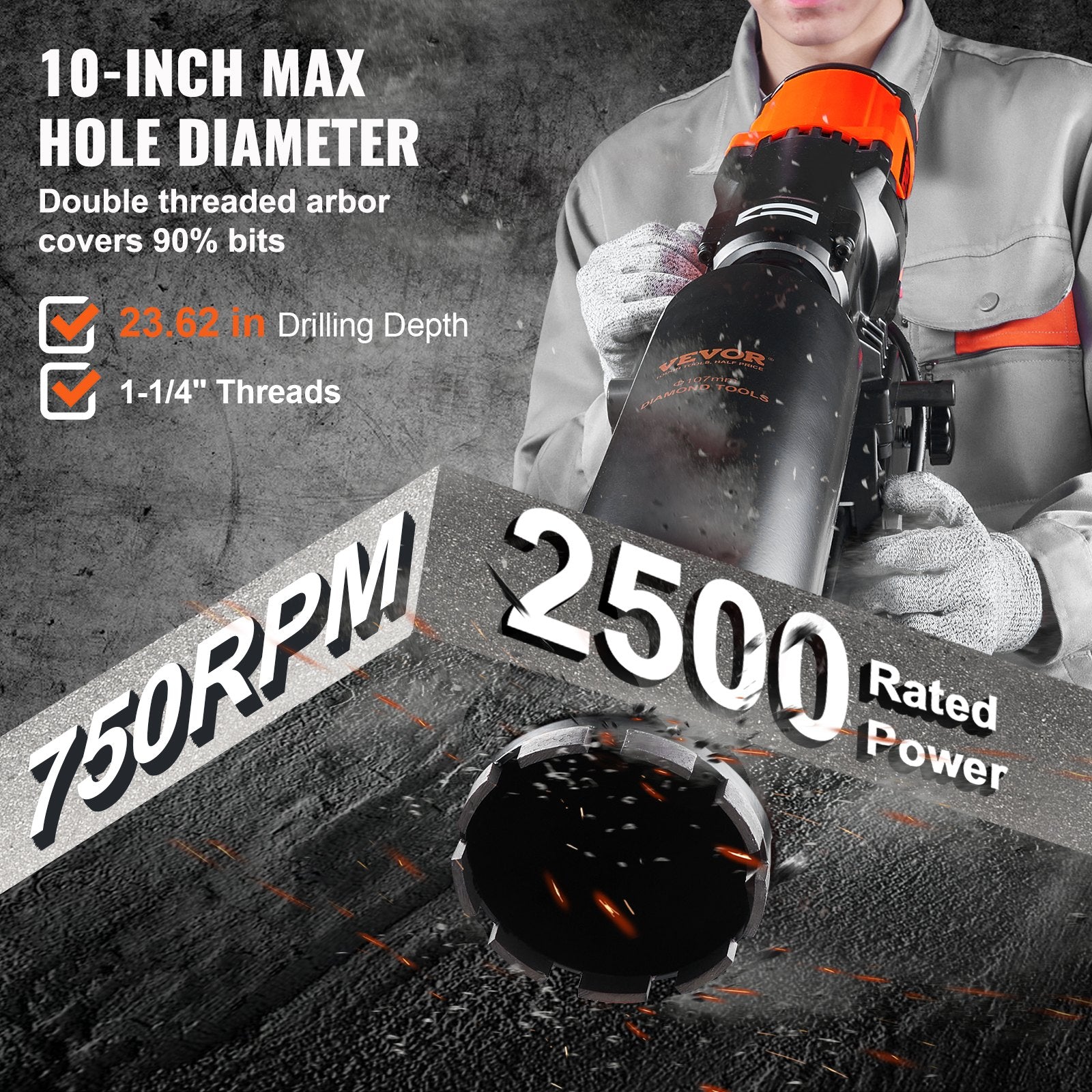 Diamond Core Drilling Machine, 10in Wet Concrete Core Drill Rig with Stand Wheels, 750RPM Speed & 1-1/4" Thread & Lifting Handle, 10in Drilling Diameter for Concrete Brick Block Stone, 2500W - Image 3
