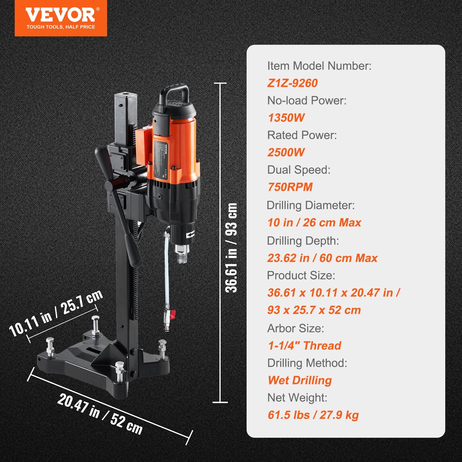 Diamond Core Drilling Machine, 10in Wet Concrete Core Drill Rig with Stand Wheels, 750RPM Speed & 1-1/4" Thread & Lifting Handle, 10in Drilling Diameter for Concrete Brick Block Stone, 2500W - Image 7