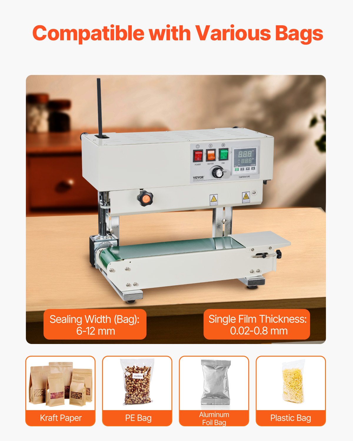 Continuous Bag Band Sealing Machine, 6-12 mm Sealing Width, Vertical Band Sealer Machine with Digital Temperature Control, Carbon Steel Bag Sealer for 0.02-0.8 mm Plastic Bags Films Membrane - Image 3