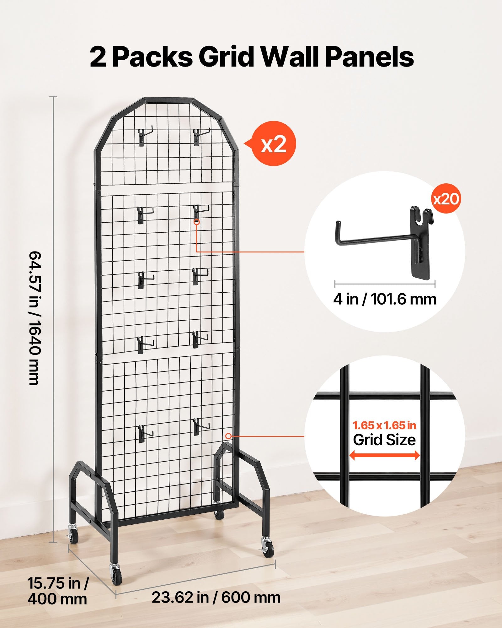 2 Packs Grid Wall Panels, 600 x 1640mm Wire Grid Panels Display Rack, Movable Art Display Shelf with Wheels and 20 Hooks, Black Carbon Steel Gridwall for Craft Show, Decor, Storage, Notice Board - Image 2