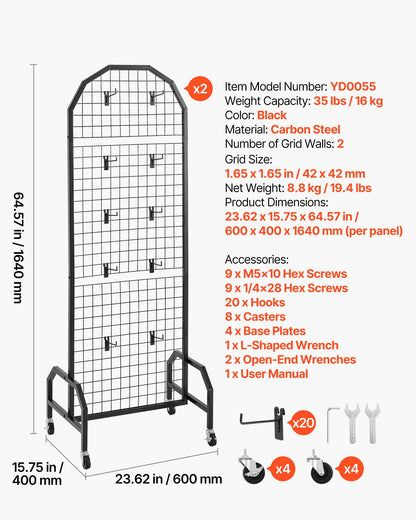 2 Packs Grid Wall Panels, 600 x 1640mm Wire Grid Panels Display Rack, Movable Art Display Shelf with Wheels and 20 Hooks, Black Carbon Steel Gridwall for Craft Show, Decor, Storage, Notice Board - Image 7