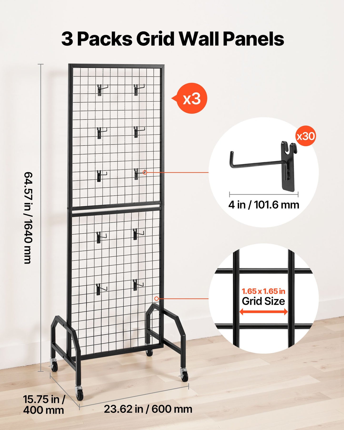 3 Packs Grid Wall Panels, 600 x 1640mm Wire Grid Panels Display Rack, Movable Art Display Shelf with Wheels and 30 Hooks, Black Carbon Steel Gridwall for Craft Show, Decor, Storage, Notice Board - Image 2