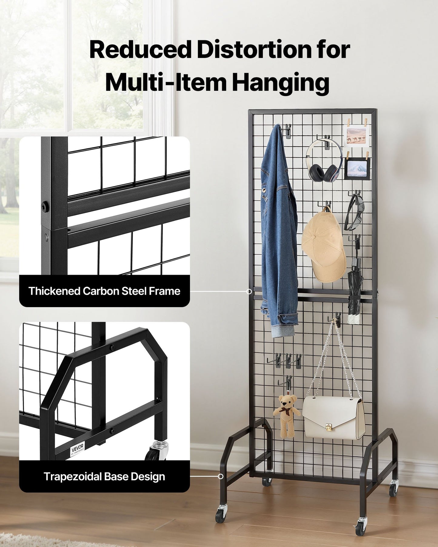 3 Packs Grid Wall Panels, 600 x 1640mm Wire Grid Panels Display Rack, Movable Art Display Shelf with Wheels and 30 Hooks, Black Carbon Steel Gridwall for Craft Show, Decor, Storage, Notice Board - Image 3