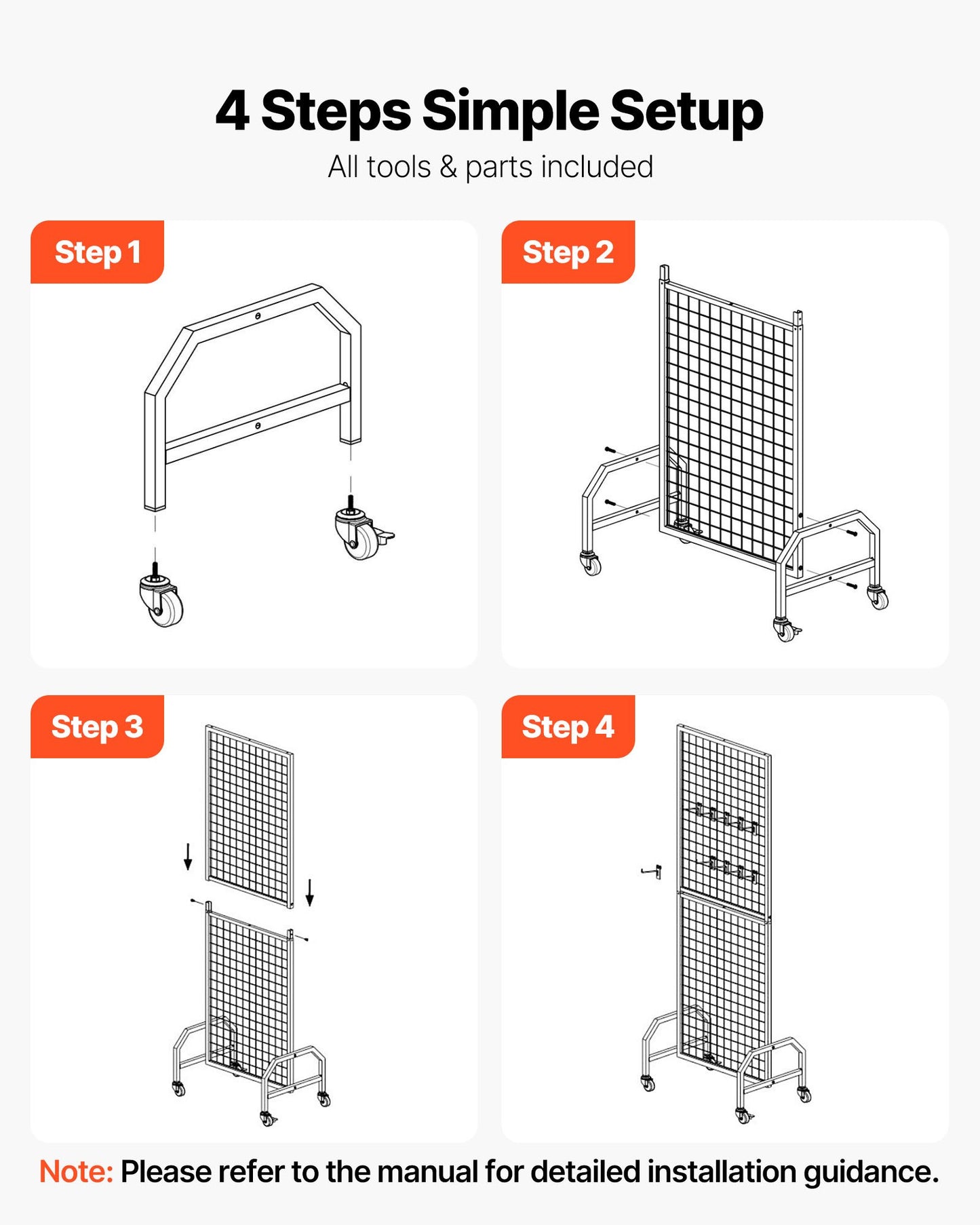 3 Packs Grid Wall Panels, 600 x 1640mm Wire Grid Panels Display Rack, Movable Art Display Shelf with Wheels and 30 Hooks, Black Carbon Steel Gridwall for Craft Show, Decor, Storage, Notice Board - Image 5