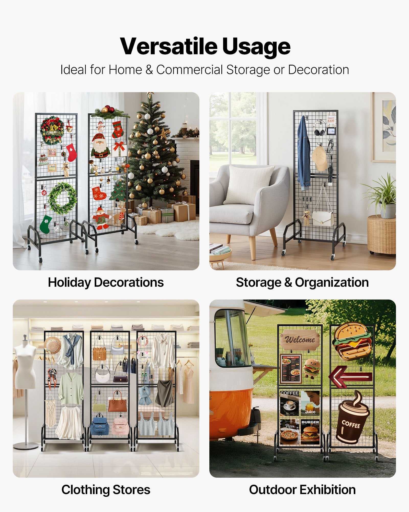 3 Packs Grid Wall Panels, 600 x 1640mm Wire Grid Panels Display Rack, Movable Art Display Shelf with Wheels and 30 Hooks, Black Carbon Steel Gridwall for Craft Show, Decor, Storage, Notice Board - Image 6