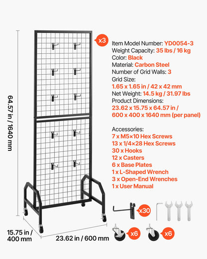 3 Packs Grid Wall Panels, 600 x 1640mm Wire Grid Panels Display Rack, Movable Art Display Shelf with Wheels and 30 Hooks, Black Carbon Steel Gridwall for Craft Show, Decor, Storage, Notice Board - Image 7