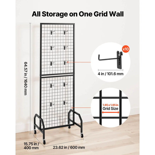Grid Wall Panel, 600 x 1640 mm Wire Grid Panels Display Rack, Movable Art Display Shelf with Wheels and 10 Hooks, Black Carbon Steel Gridwall for Craft Show, Decoration, Storage, Notice Board - Image 2