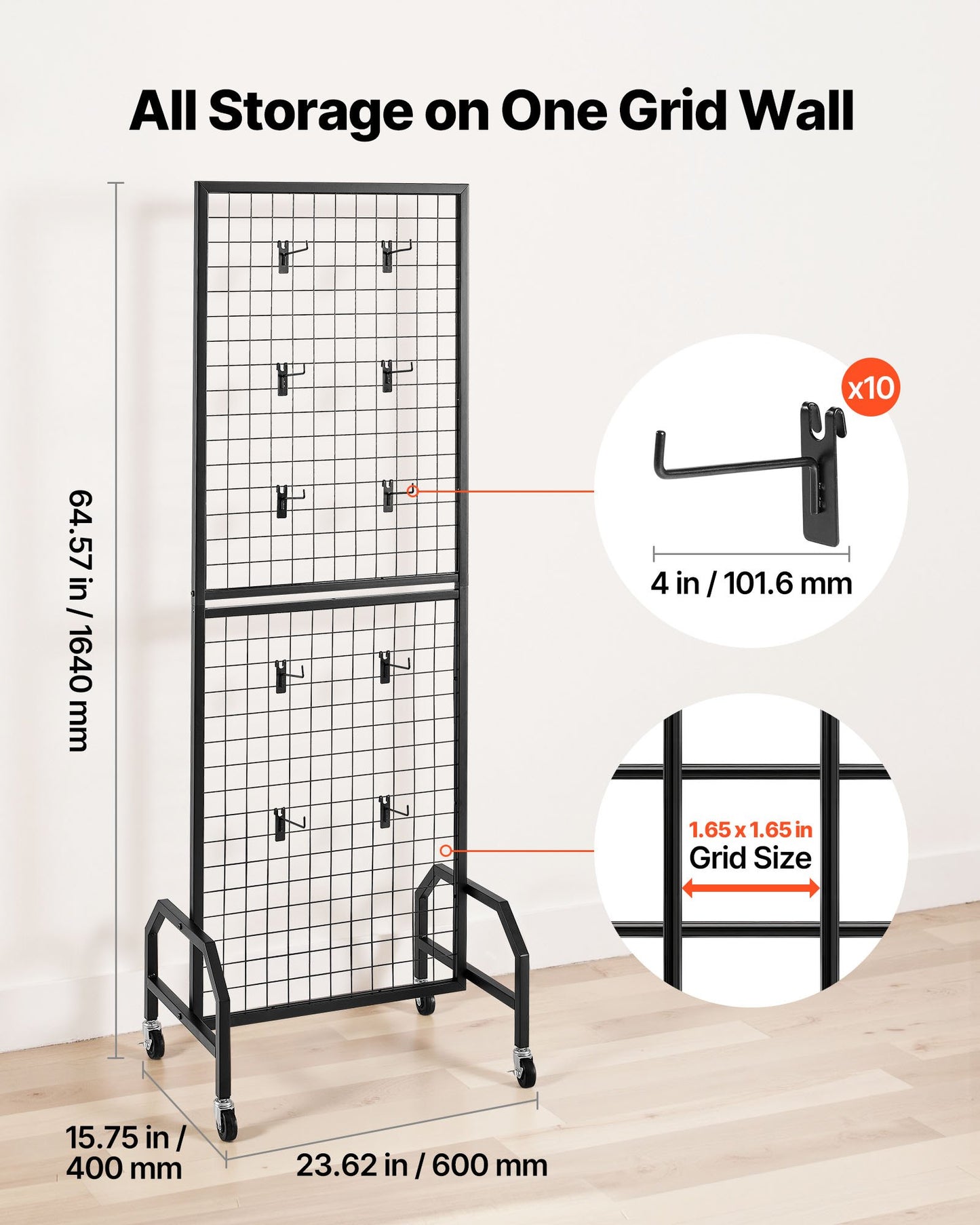 Grid Wall Panel, 600 x 1640 mm Wire Grid Panels Display Rack, Movable Art Display Shelf with Wheels and 10 Hooks, Black Carbon Steel Gridwall for Craft Show, Decoration, Storage, Notice Board - Image 2